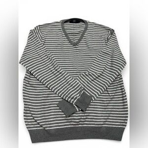 J. Crew Gray and White Striped V-Neck Sweater